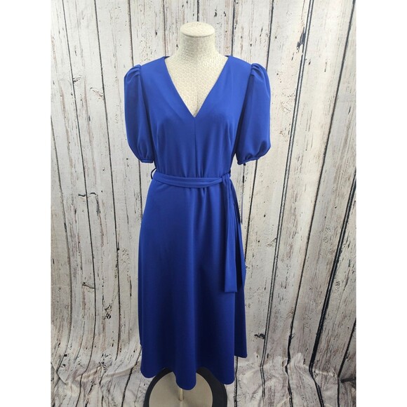 ALK Women's 10 Calvin Klein Blue Puff Sleeve Tie Waist Midi Length V-Neck Dress - Picture 1 of 7